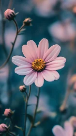 Pink Cosmos Bloom with Golden Center Detail.