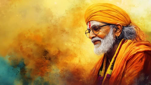 Elderly Hindu guru portrait in warm orange digital art.