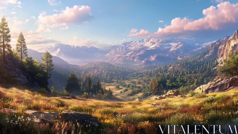 Digital painting of alpine wildflower valley under warm sunrise.