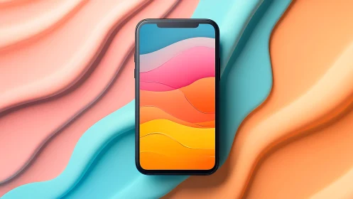 Smartphone displays vivid abstract waves on layered pastel background