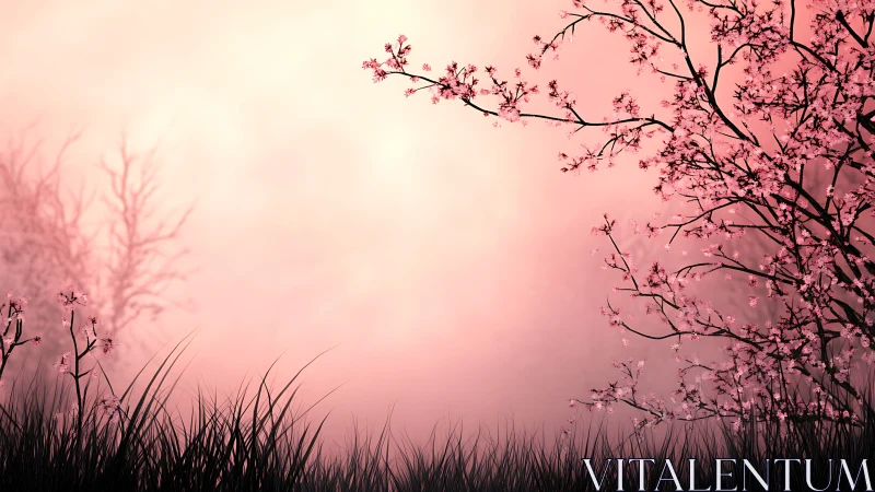 Pink cherry blossom branches over misty spring meadow.