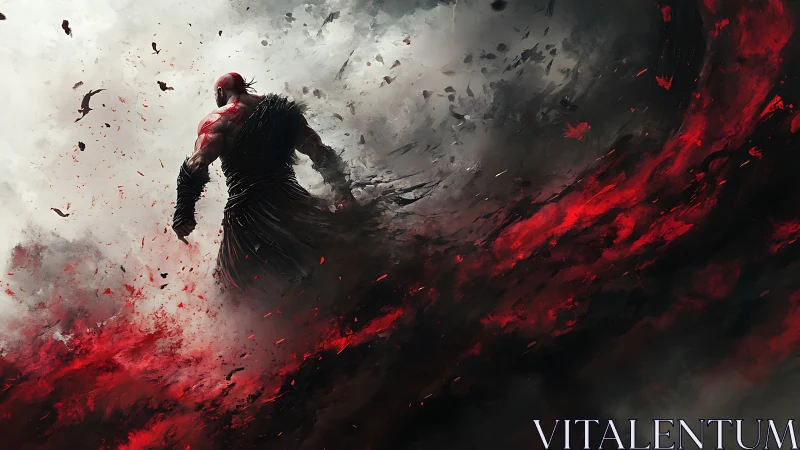 Solitary figure in red and black vortex against pale sky.