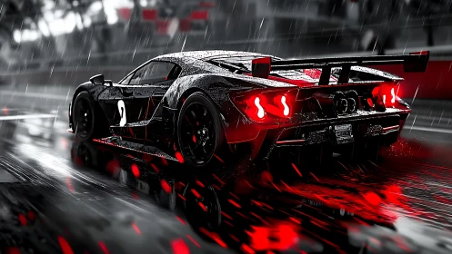 Sleek race car cuts through rainy night on neon wet track