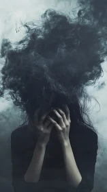 Dark smoke erupts from anguished figure&rsquo;s obscured head.