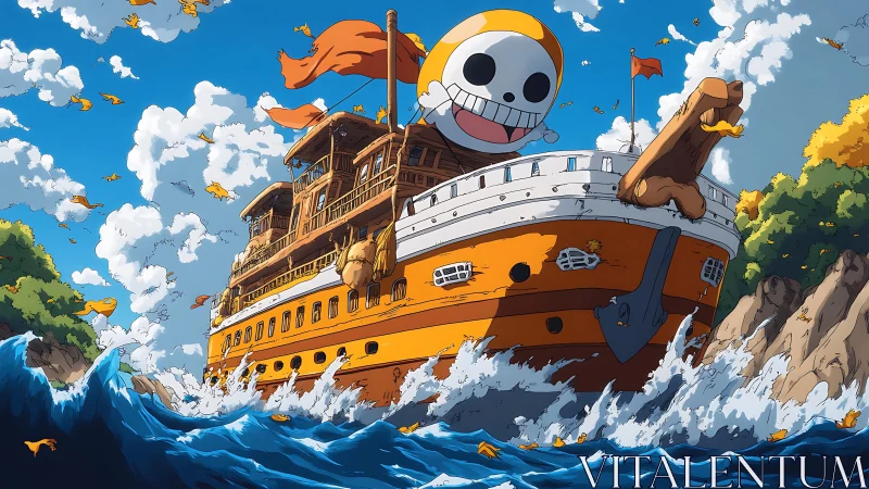 Dynamic anime pirate ship surging through stylized coastal waves