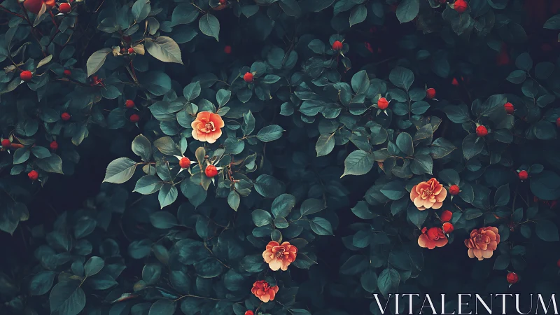 Coral Roses in Deep Teal Garden Foliage Landscape.