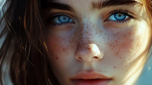 Intense blue-eyed portrait with sunlit freckles in focus.
