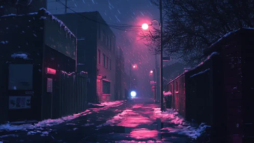 Neon snow falls over a lonely midnight alleyway street