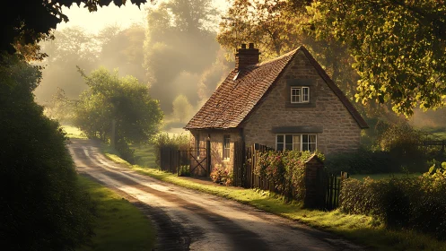 Sunlit country cottage beside winding rural lane.
