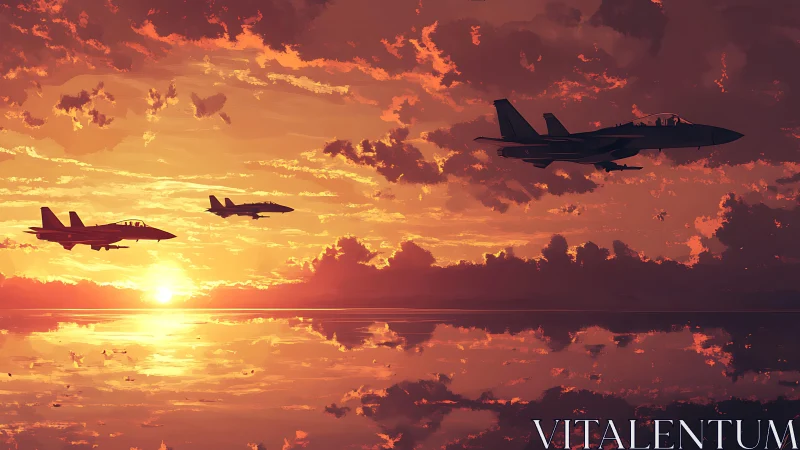 Jet formation silhouettes traverse a saturated cinematic sunset sky