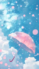 Translucent pink umbrella drifting through luminous cloudscape