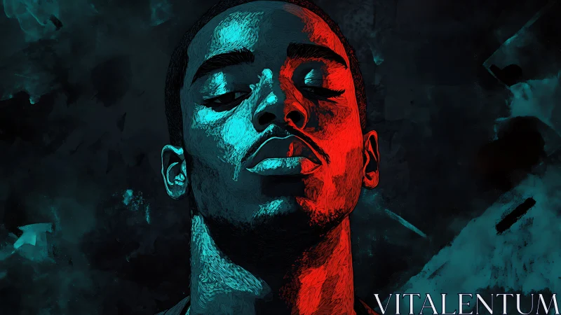 Dual-tone digital portrait with cyan and red lighting effect.