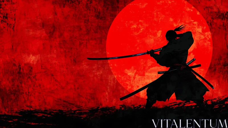 Samurai silhouette with katana before large red sun.