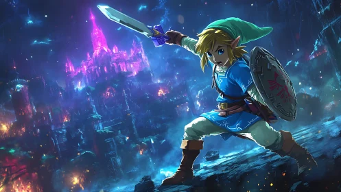 Brave fantasy hero raises sword against a glowing magic city