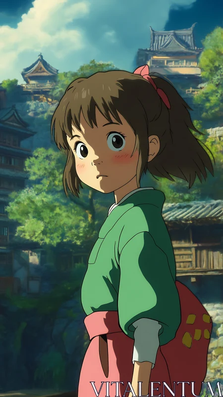 Young girl in green kimono before sunlit hill town.