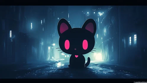 Neon eyed black cat character in moody cyberpunk alley.