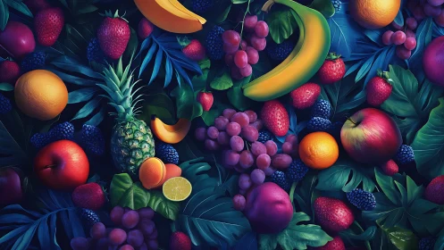 Lush neon fruit medley on deep teal tropical foliage backdrop.