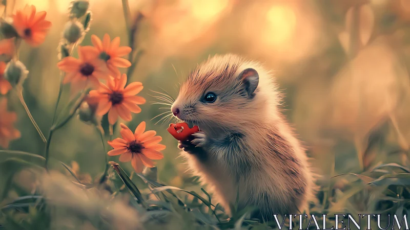 Small hamster holds red treat among soft orange flowers