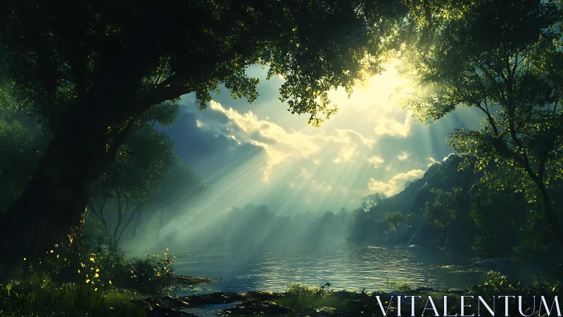 Sunlit forest lake with filtered rays over calm water.