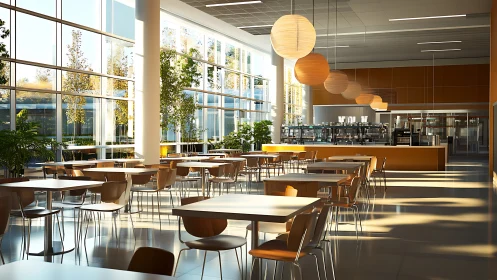Sunlit modern cafeteria interior with warm wooden seating