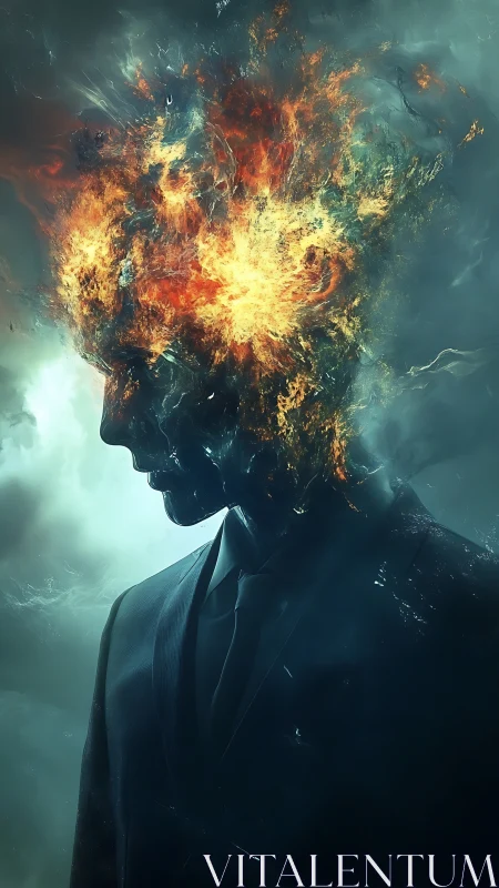 Silhouetted suited figure with eruptive cranial fire plume