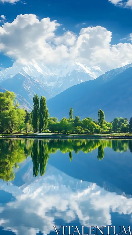 Snowy mountain ridge reflected in still alpine lake