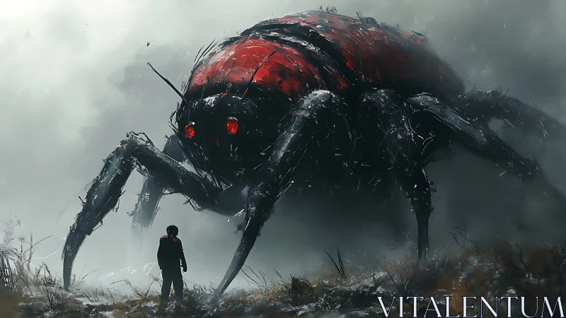 Fog-wreathed colossus spider meets a lone red-hooded wanderer.