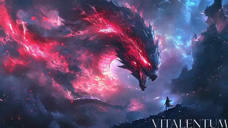 Colossal fiery dragon confronts lone warrior in storm sky