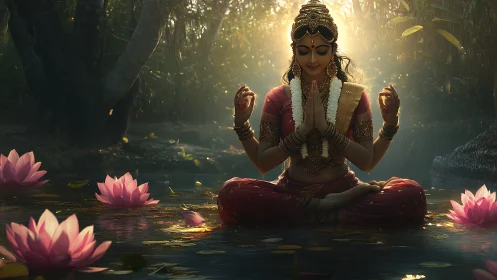 Four-armed woman meditating amid lotus flowers on water.