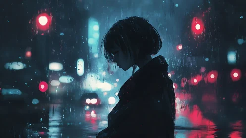 Silhouetted figure stands in rainy city street at night