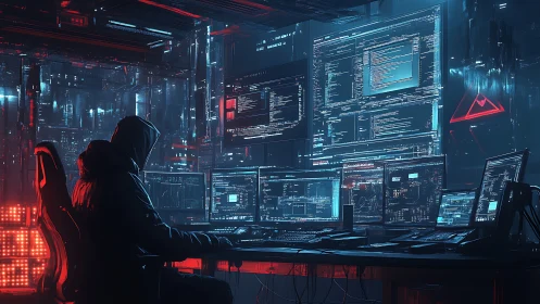 Cyberpunk threat operations desk with multi-monitor hacking HUD