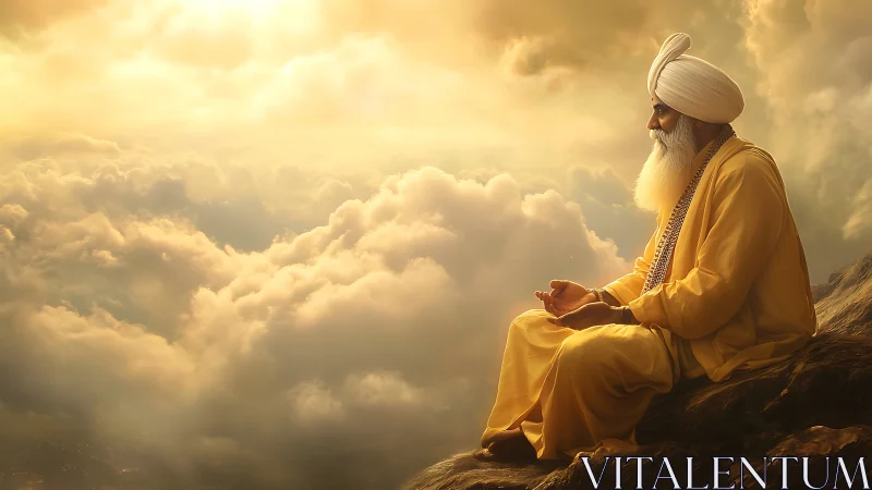 Sikh elder meditates above sunlit clouds in golden serenity.