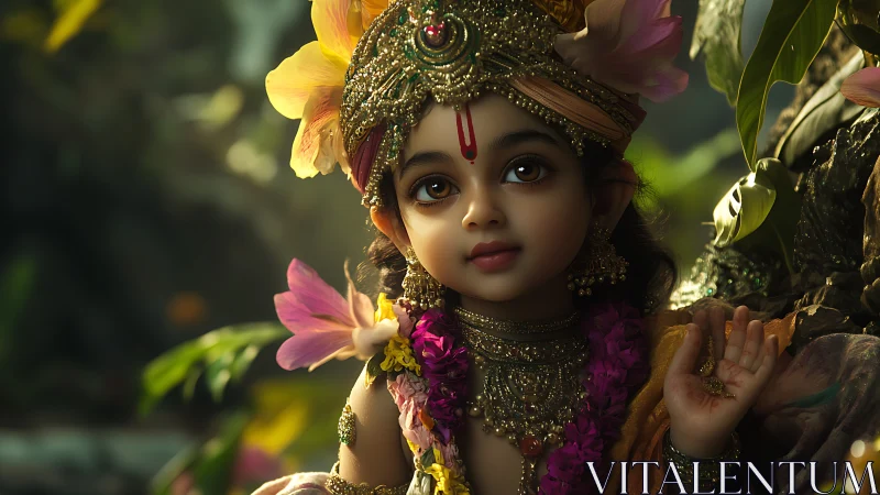 Divine child portrait with ornate floral crown and glow.