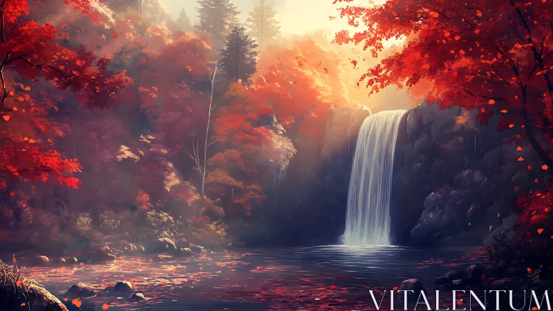 Autumn Waterfall in Golden Mist Forest Landscape
