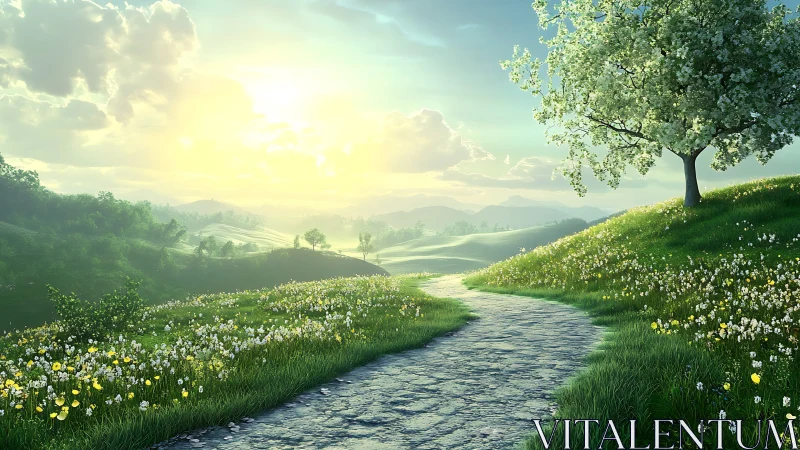 Stone path through green hills under bright spring light.