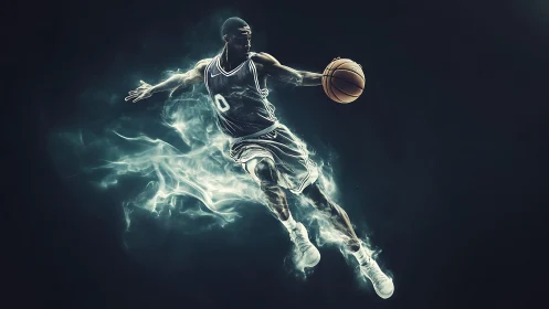 Explosive basketball dunk rendered in smoky digital energy.