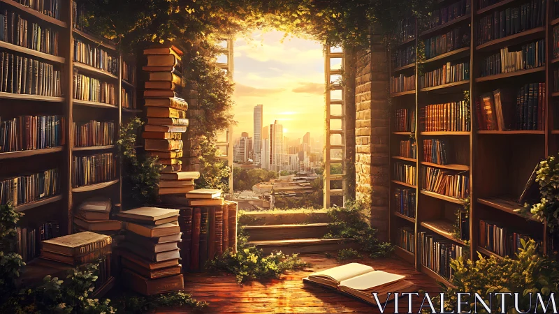 Sunlit library room opening onto modern city skyline.