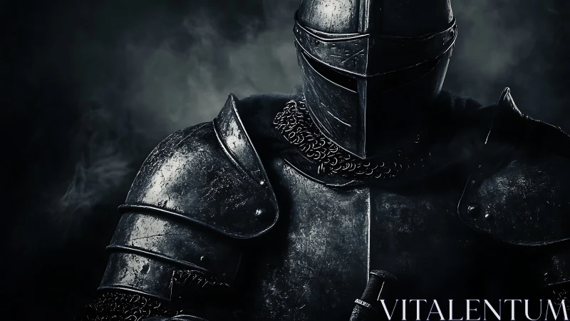 Armored dark knight in shadowed cinematic portrait.