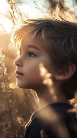Young child in profile with wheat field backlit by warm golden sunlight.