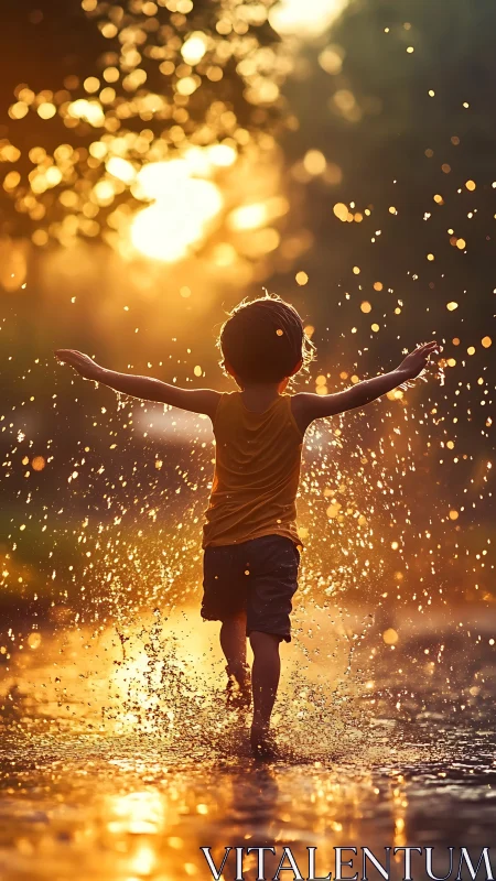 Child runs through golden sunset rain with joyful energy.
