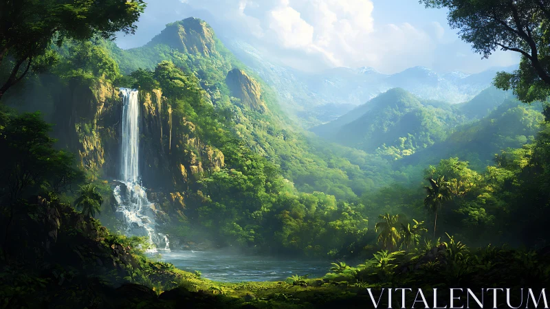 Digital landscape render depicts waterfall in forested valley