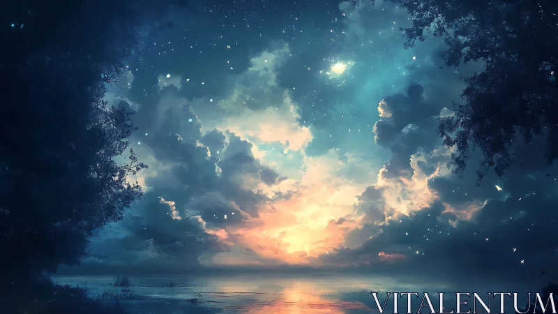 Dreamy twilight sky over a quiet, shimmering shoreline.