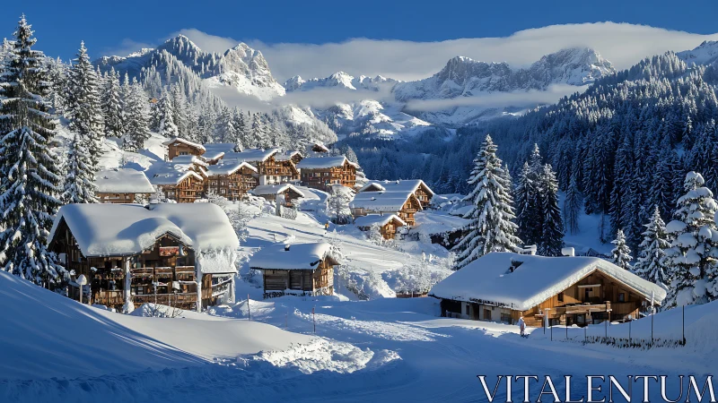 Snow-covered alpine village with chalets and conifer forest.