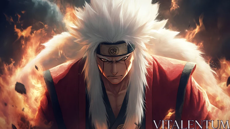 White haired anime warrior stands amid rising flames