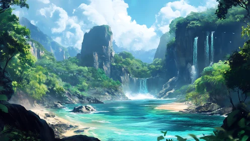 Tropical canyon landscape with cascading waterfall and turquoise lagoon