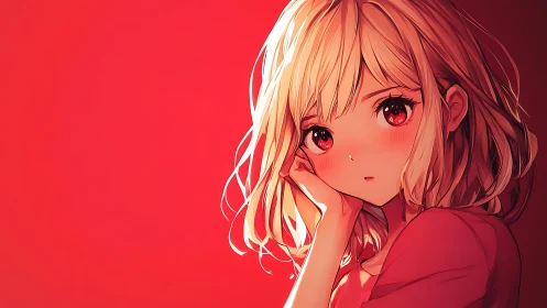 Anime girl portrait against intense flat red background