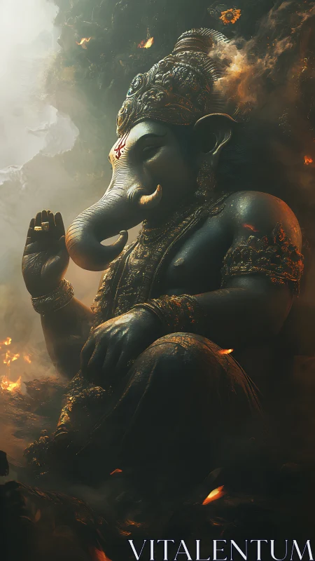 Ganesha seated in ember-lit mist, serene amidst swirling fire.