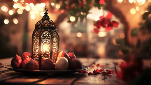 Lantern glow and pomegranates on a softly lit evening table.