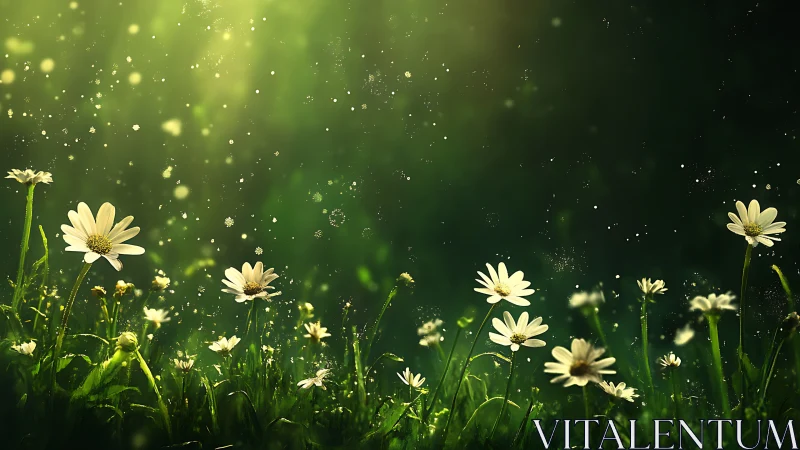 Luminescent Daisies in Verdant Field with Particle Light Effect.