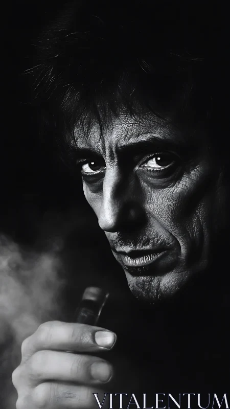 Monochrome close-up of male face with pipe in shadow.